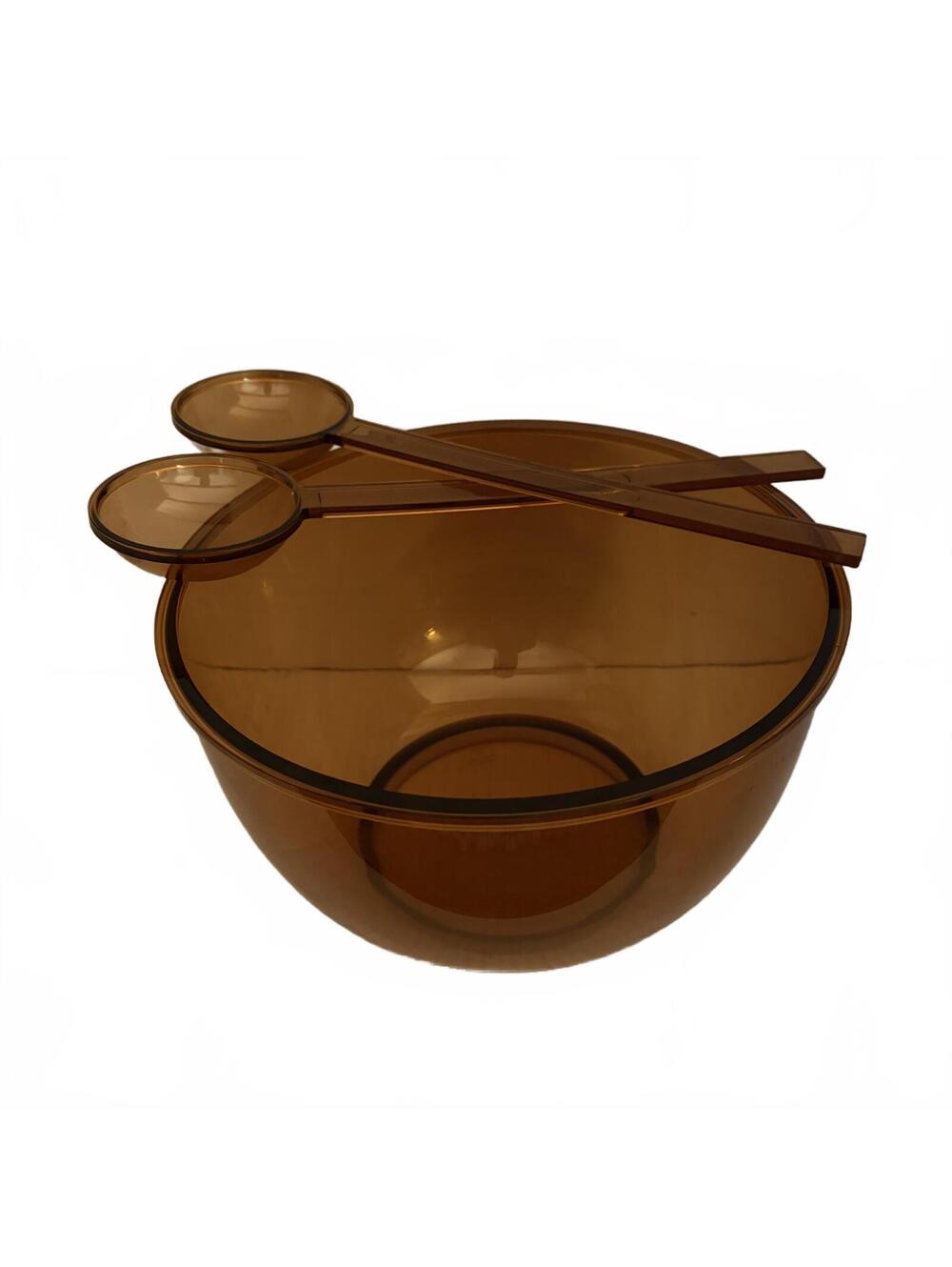 Vintage Dansk Designs amber acrylic salad bowl with serving utensils. - Picture 2 of 16